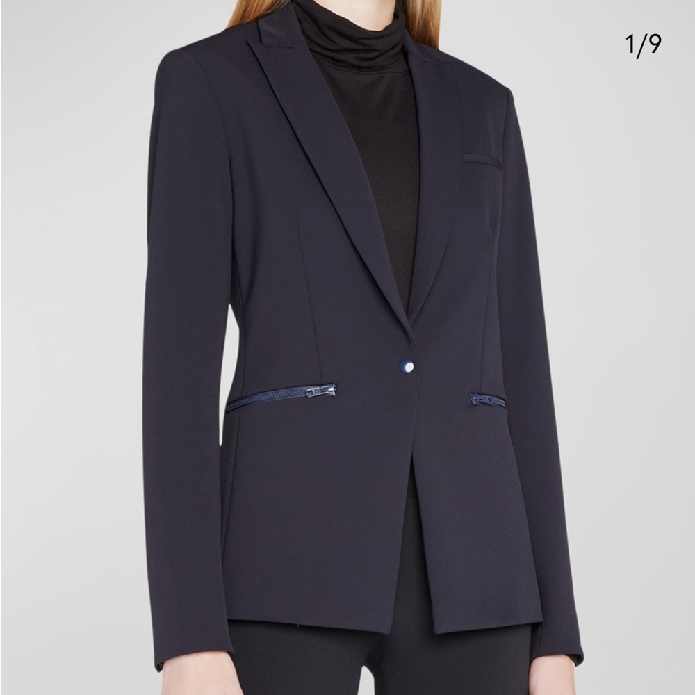 Navy Veronica Beard Scuba Suit Jacket, currently for sale at luxury stores.